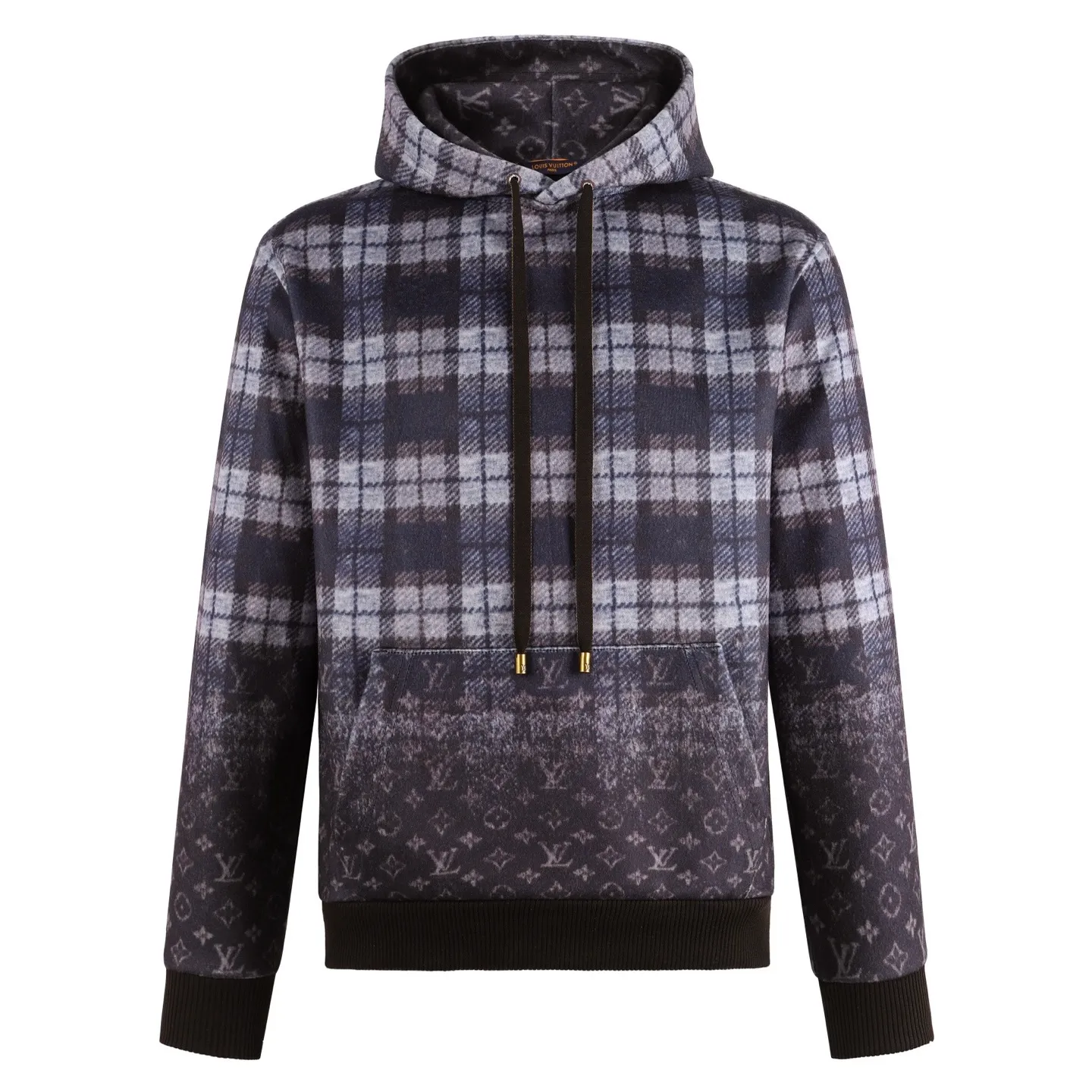 🅿️560 1v 25SS plaid gradient wool blend hooded sweatshirt The original version was purchased for RMB 15,100 and developed. The fabric is made of wool blended nylon. This hooded sweatshirt uses splicing technology to create a layered texture: the upper part is made of wool blended fabric to create a blue-gray plaid pattern, and is pre-shrunk to ensure a stable shape; the lower part and sleeves use digital printing technology to present a gradient Monogram dark pattern, and the ink penetrates the fiber to achieve high color fastness. The hood has a built-in invisible lining to enhance stiffness, and the drawstring is made of wear-resistant nylon rope with a metal bell for smooth pulling. The front kangaroo pocket is made of welted bag technology, and the edge of the bag mouth is reinforced with double stitching. The cuffs and hem are made of ribbed knitted fabric, and the elastic hemming fits the body shape. The seams throughout the garment are high-strength stitches of the same color. Precision sewing with 12 stitches every 3cm improves durability. The overall craftsmanship takes into account both visual details and practical durability. The overall wiring is straight and delicate, the fabric is comfortable and soft, and the color is consistent without color difference. It can be matched with the same style to create a fashionable look and control various occasions. Customized accessories, complete with three standards, the same style for men and women. Size:S-M-L-XL